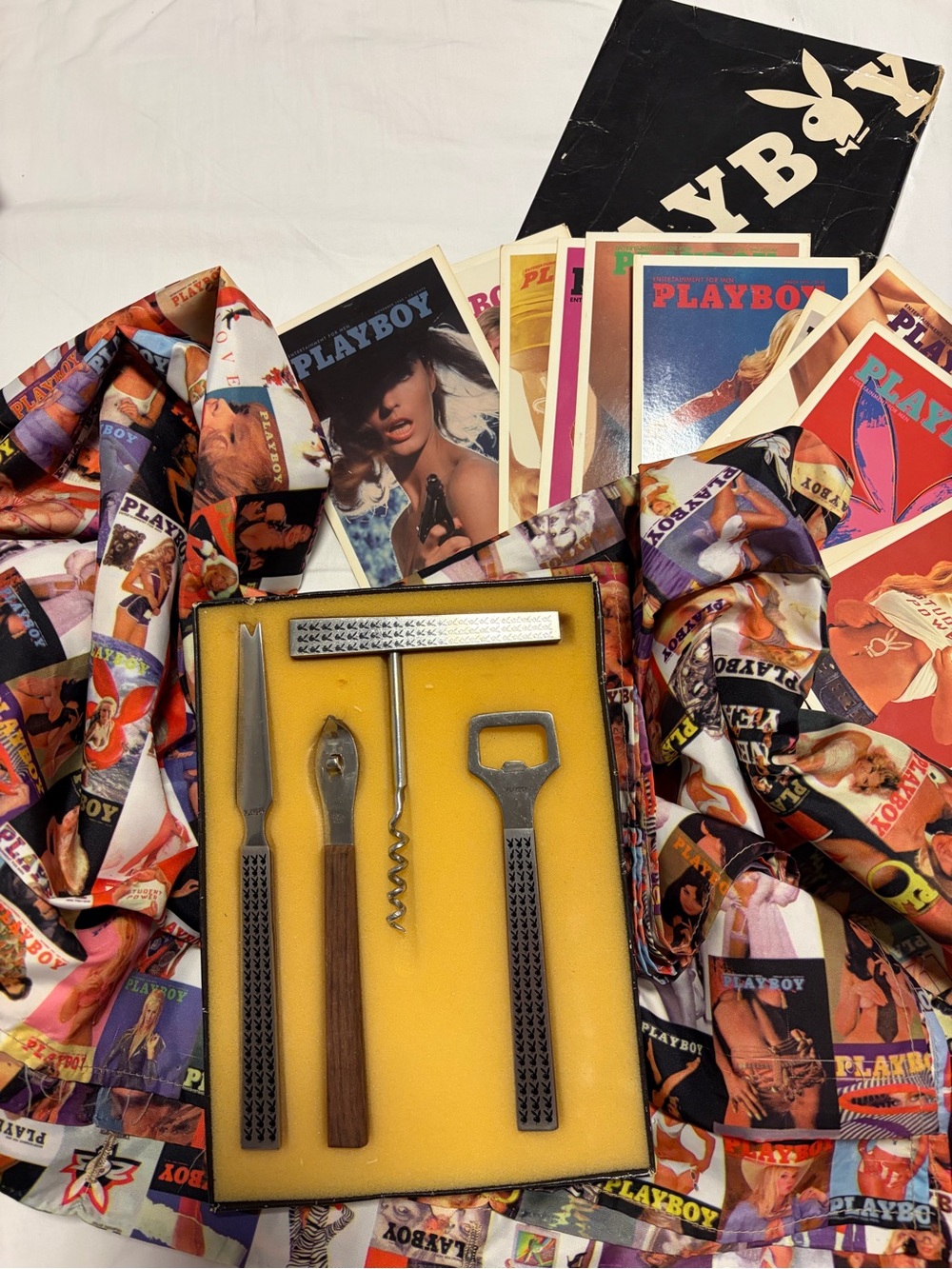PLAYBOY Bar Tool Set from 60s, shower curtains plus 12 vintage postcards.